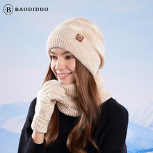 亚马逊新款冬季针织帽子女围脖可触屏手套户外纯色保暖套帽三件套