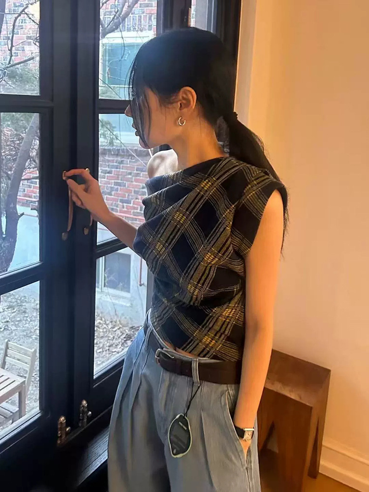 在庫あり 斜め肩ウエストチェック柄半袖レディース 2025 夏韓国スリムフィットニッチデザイナーレディースウェア