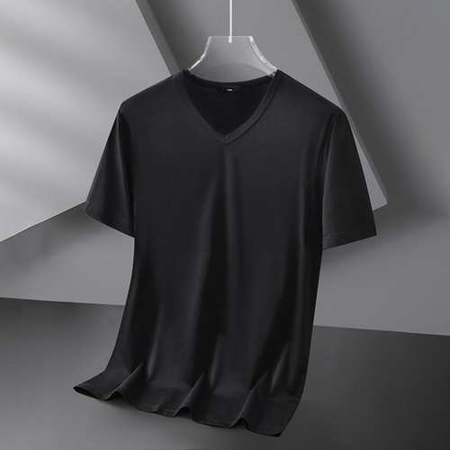 Men's Summer Thin Modal Ice Silk V-Neck Pure Black Solid Color Quick-Dry Short Sleeve T-Shirt