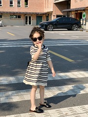 女寶寶公主連衣裙2024女童夏裝氣質甜美花邊條紋針織短袖娃娃裙