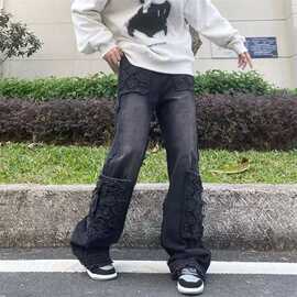 美式高街复古多口袋牛仔裤男女直筒宽松休闲长裤欧美高街潮牌裤子