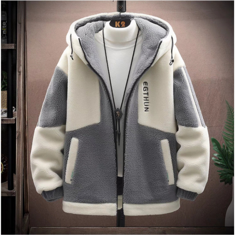 American Embroidered Color Matching Lambskin Jacket Men's Autumn and Winter Trendy Brand Loose Couple All-match Warm Cotton