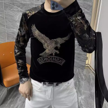 23191秋冬新款舒适金丝绒长袖T恤潮男个性花袖时尚烫钻气质打底衫