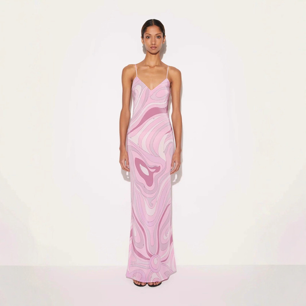 Cross-Border Independent Station 2025 European and American New Style Simple Satin Printed Sexy Suspender Dress Slit Dress