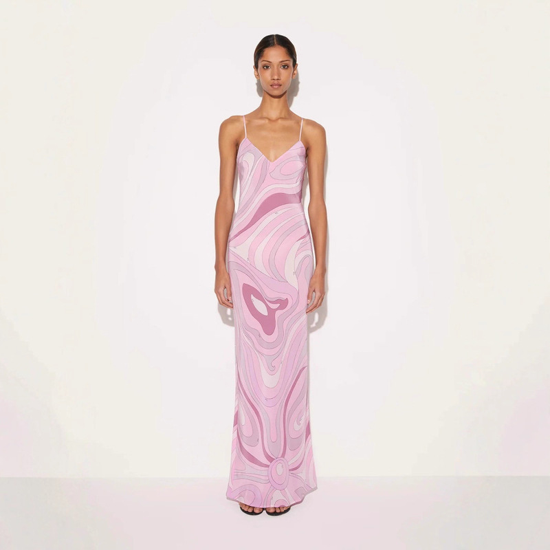 Cross-Border Independent Station 2025 European and American New Style Simple Satin Printed Sexy Suspender Dress Slit Dress