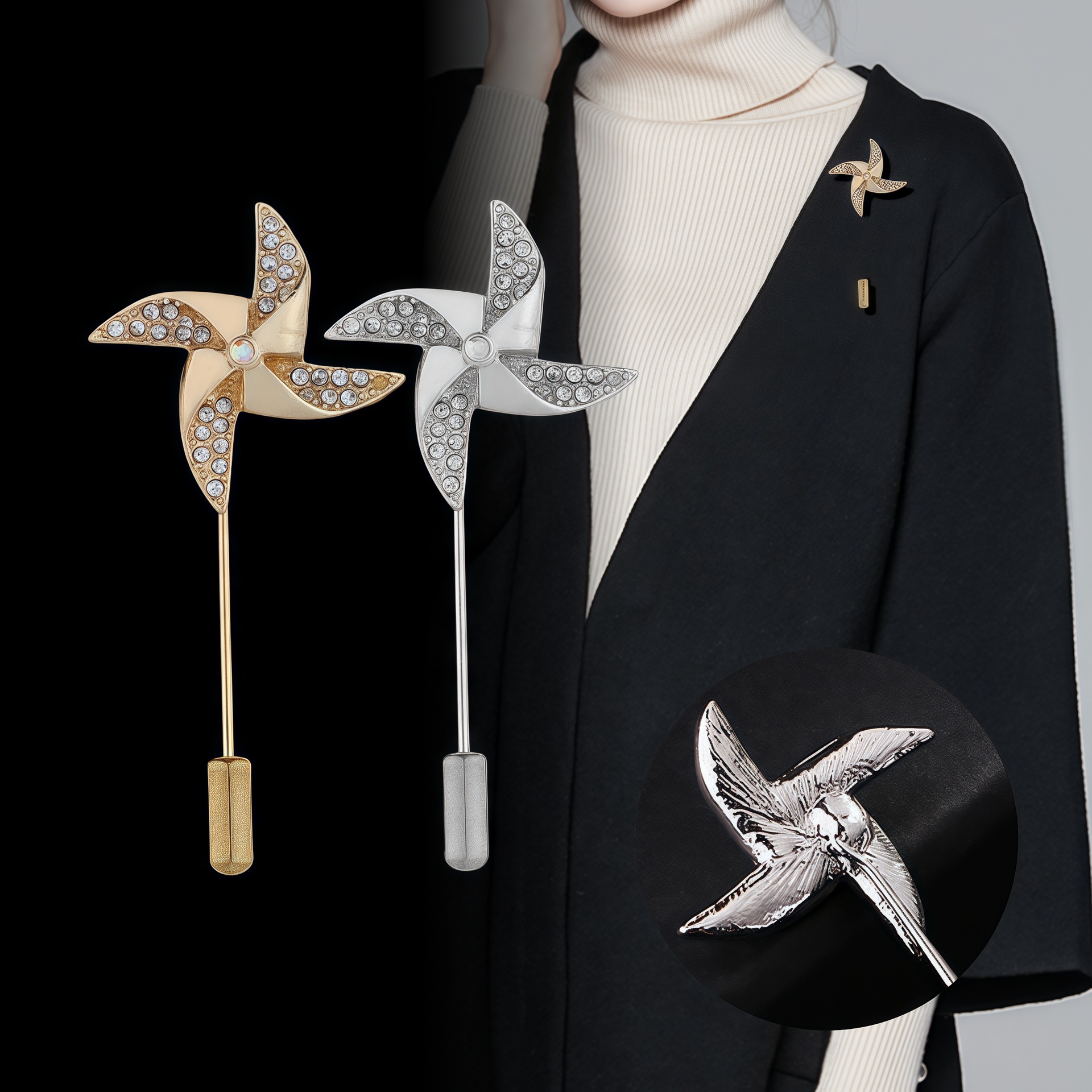 Men's suit brooch women's suit collar pin Crystal windmill men's one-word brooch high-end pin corsage