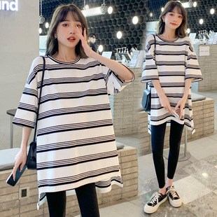 2025 Spring and Summer New Maternity Wear Loose Slimming Look Large Size Casual Stripesd Short-Sleeved T-Shirt Fashionable and Versatile Trendy Mom