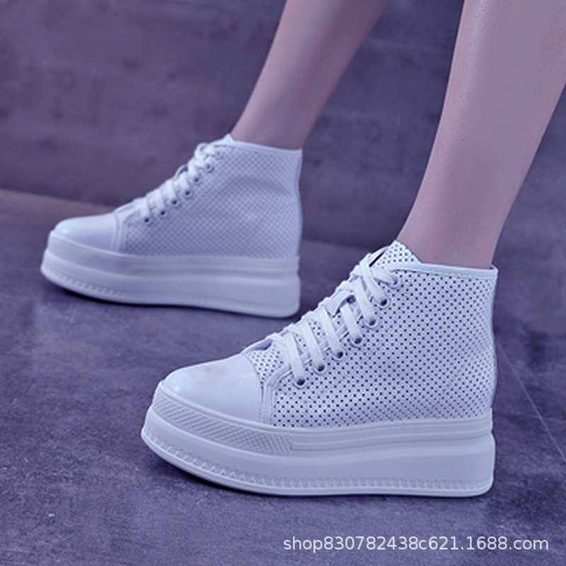 8公分内增高厚底小白鞋女宋慧乔同款高帮真皮圆头系带休闲洞洞鞋