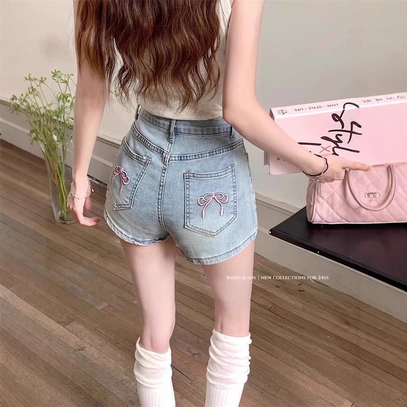 American-Style Spicy Girl Denim Shorts for Women, New Summer High-Waisted Plus-Size Pocket Embroidery A-Line Ultra-Short Tight Hot Pants