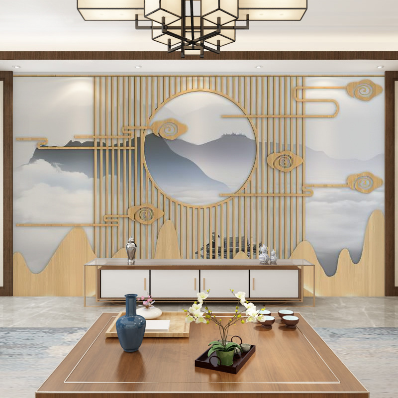 客厅沙发墙纸茶室茶楼壁画中式电视背景墙壁纸木格栅山水墙布防水