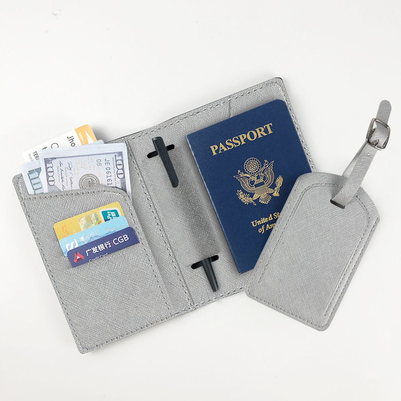transfronterizos oem multifuncional cuero con pluma línea pu cuero cruz pasaporte cubierta etiqueta de equipaje conjunto personalizado