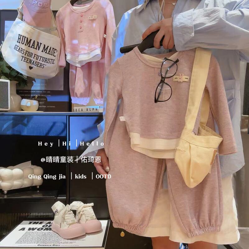 女童套装秋2025新款秋季时髦小女孩童装假两件儿童糯米绒上衣裤子|undefined