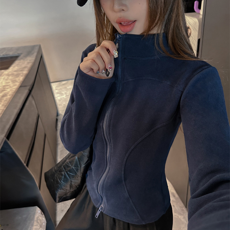 Autumn and winter thickened fleece half-high collar slim-fit cardigan jacket, sporty casual solid color high-end top for women