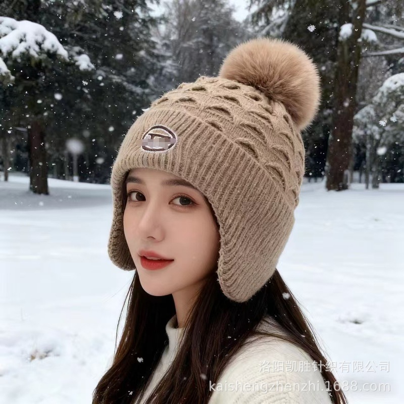 冬季时尚拼色针织帽子骑行护耳帽女防风帽子大头围保暖加厚毛线帽|undefined