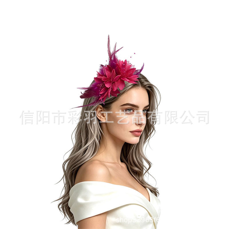 Popular Amazon floral headband with clips, elegant feather headpiece for horse racing events, parties, and performances for women