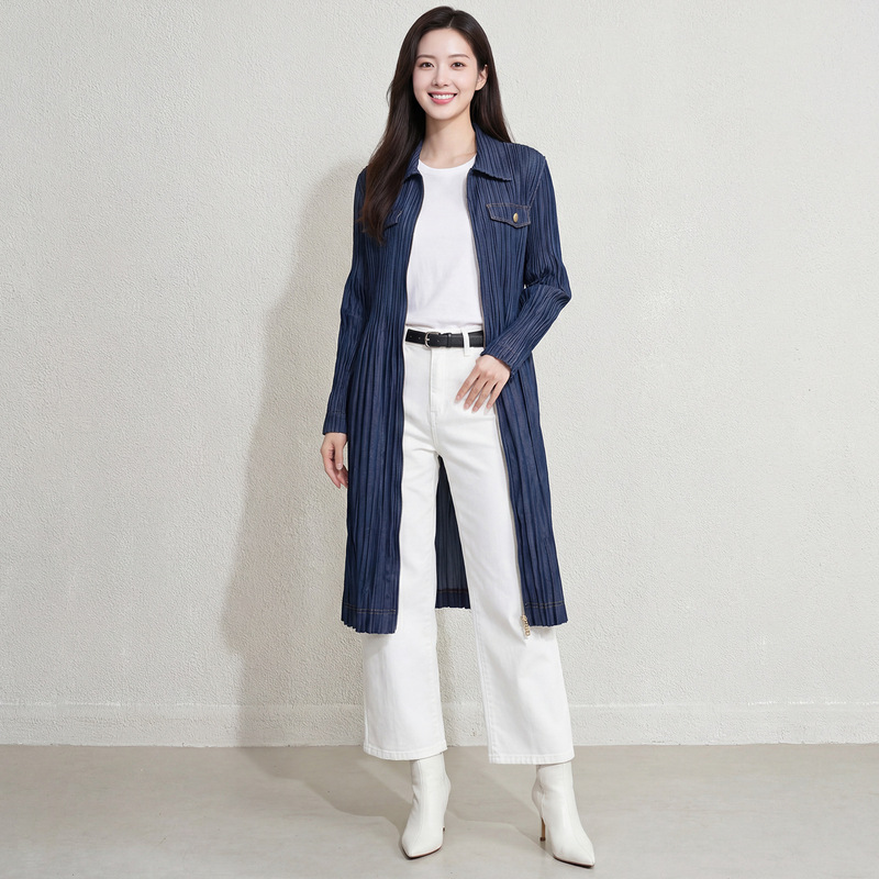 Japanese-Style High-End Spring and Autumn New Elegant Jacket, Issey Miyake Style Denim Jacket, Mid-Length Zip-Up Oversized Trench Coat for Women Japanese-Style High-End Spring and Autumn New Elegant Jacket, Issey Miyake Style Denim Jacket, Mid-Length Zip-Up Oversized Trench Coat for Women