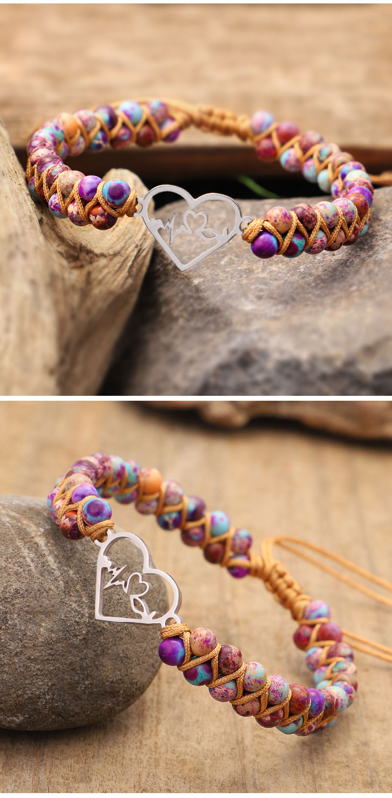 Fashion Heart Shape Stainless Steel Emperor Stone Knitting Bracelets 1 Piece