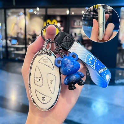 modern Hyundai key case, Car key bag - modern-o-model-smart-5-button-single-shell-white-blue-violent-bear-pendant