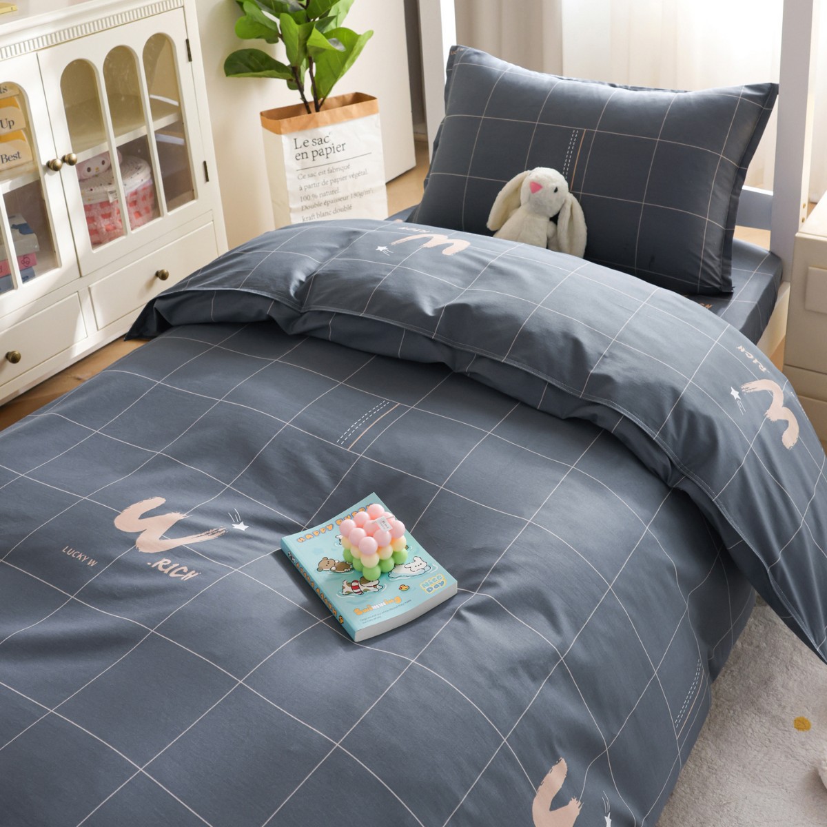 Ropa de cama de dormitorio de estudiantes de tres piezas tipo sábana individual de algodón de algodón universitario, funda de edredón, funda de edredón, juego completo