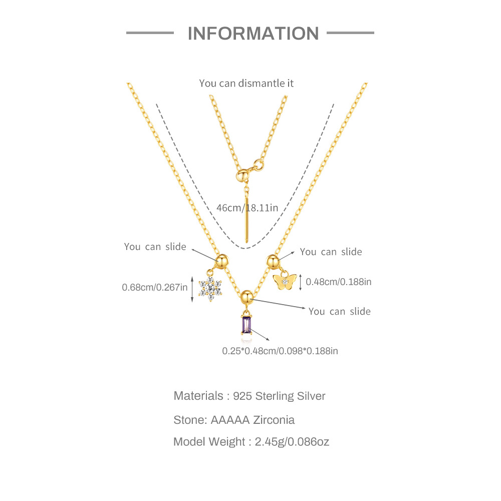 3g Weight 925 Sterling Silver Pendant Material Zircon Inlay Material Multi Charms Necklace Classification 925 sterling silver Chain Material cable chain Chain Type 925 Sterling Silver Zircon Cable Chain Plating Butterfly Multi Charms Necklace