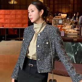 韩国chic早春新款法式复古气质感休闲显瘦粗花呢小香风短外套女