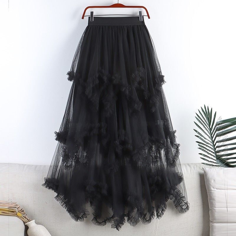 Sweet Asymmetrical Mesh Skirt 2025 New High-Waisted Mid-Length A-Line Fluffy Fairy Cake Skirt Skirt for Women