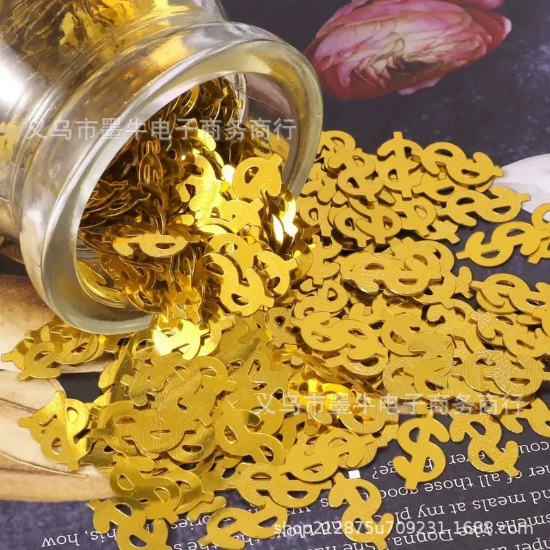 Золотой знак доллара, конфетти - наполненный денежный дизайн, рассыпание на столе, праздничное украшение для вечеринки