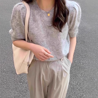 2025羊毛针织短袖女春季宽松显瘦圆领泡泡袖半袖T恤法式短上衣
