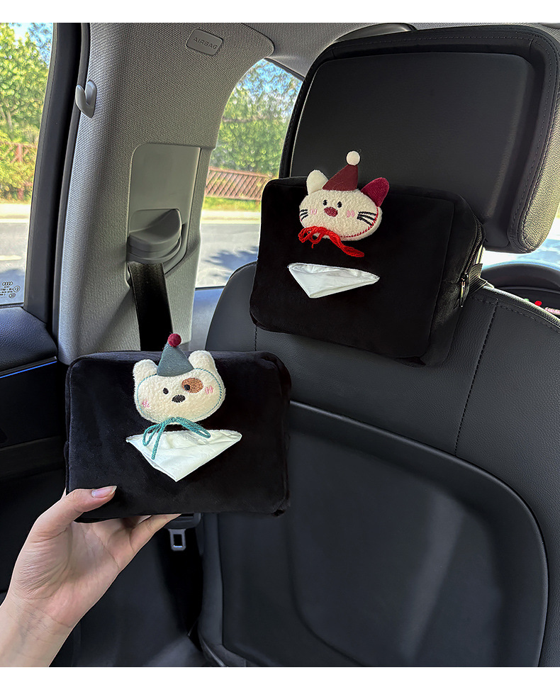 Car Tissue Box with Cute Plush Hat Design, Little Panda Style, for Car Seat Back or Armrest, Suitable for Women