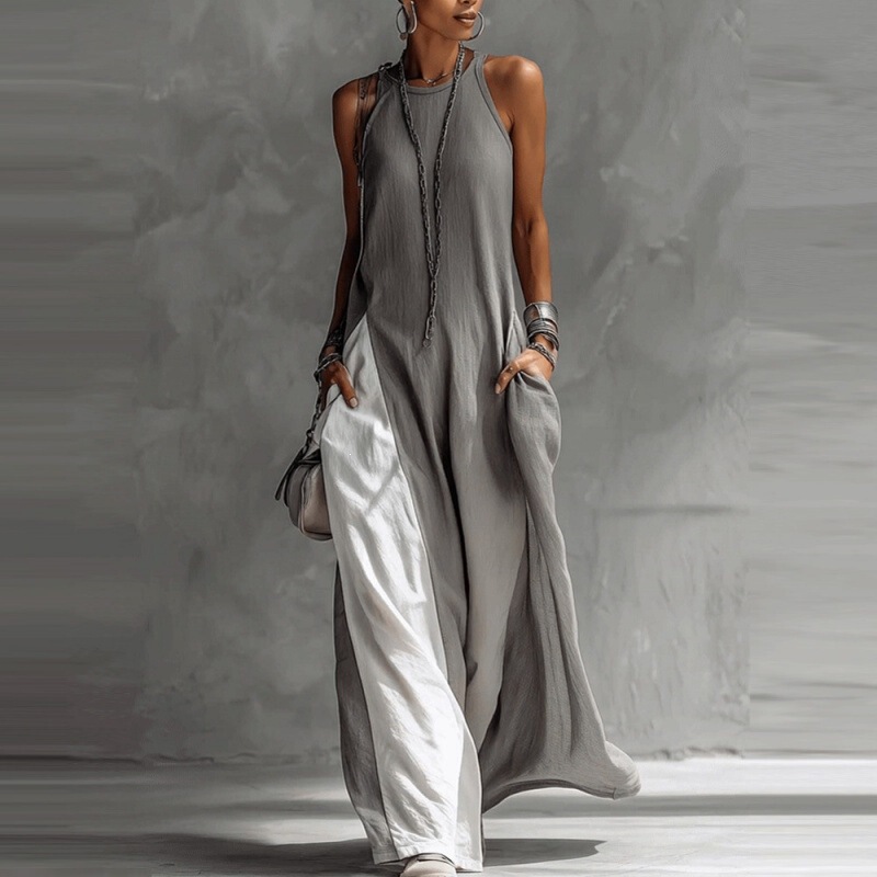 2026 New Cross-Border Independent Site European and American Women's Fashion Sleeveless Loose Pocket Color-Blocking Casual Off-Shoulder Dress 2026 New Cross-Border Independent Site European and American Women's Fashion Sleeveless Loose Pocket Color-Blocking Casual Off-Shoulder Dress