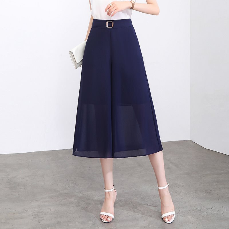 Cool Breathable Cropped Wide-leg Pants and Skirt Women's High Waist 2024 Summer Thin Elegant Chiffon Culottes for Small Mother