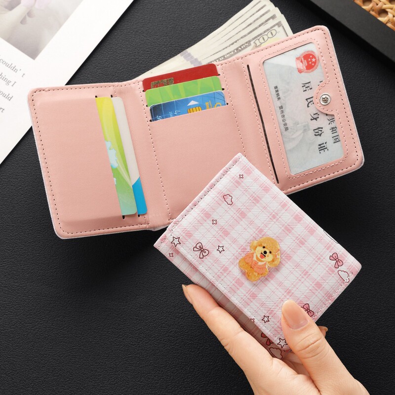 Popular Foreign Trade Plaid Dog-Pattern Short Wallet for Women, New Korean Style, Small Multi-Card Slot Card Holder, Multifunctional Id Holder