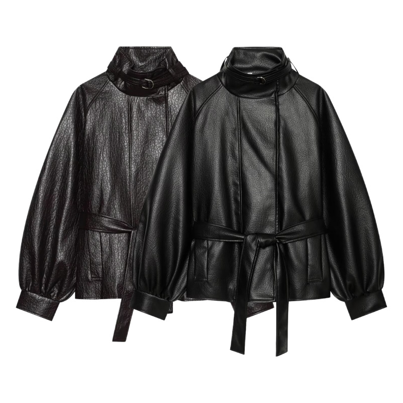 UNIZERA women's 2026 autumn new collection long-sleeve stand-collar leather-effect belted jacket 6318248