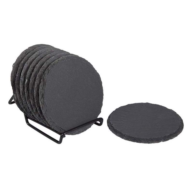 Estilo Europeo negro de piedra redonda Coaster Coffee Shop posavasos de pizarra posavasos de té posavasos de pizarra posavasos de esquisto al por mayor