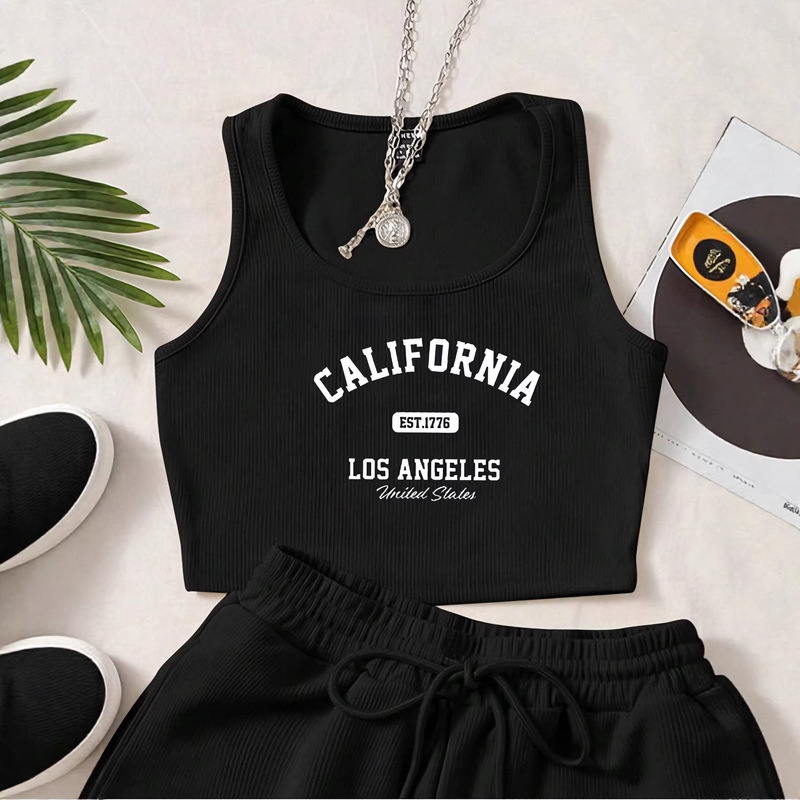 Ziyan Cross-Border Shein Independent Site Y2K Women's Clothing Co-Ords Letter Print Short Vest and Shorts Set Ziyan Cross-Border Shein Independent Site Y2K Women's Clothing Co-Ords Letter Print Short Vest and Shorts Set