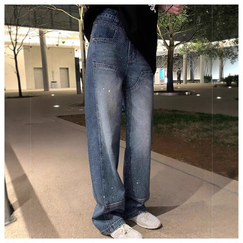 Shining Shining Glitter Pants! Deconstructed High-Temperature Y-Shaped Rhinestone Pants High-Waisted Slimming Casual Straight-Leg Jeans