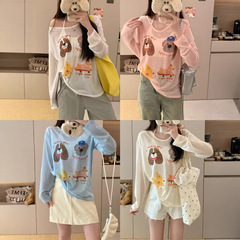 新しい女性用日焼け止め服、夏の年齢軽減漫画プリント長袖Tシャツ、女性用のゆったりとした甘いスタイルのVネック日焼け止めブラウストップ