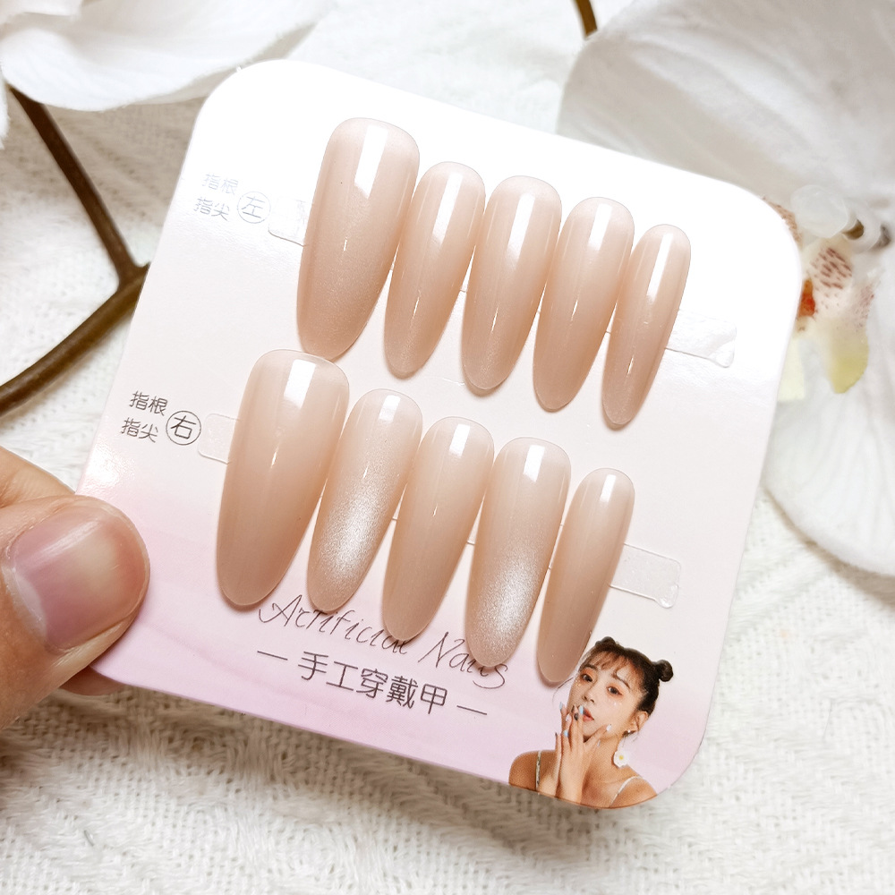 Parche de uñas de moda de ojo de gato de color sólido 10 piezas de uñas portátiles hechas a mano de código dividido para uñas largas ovaladas al por mayor