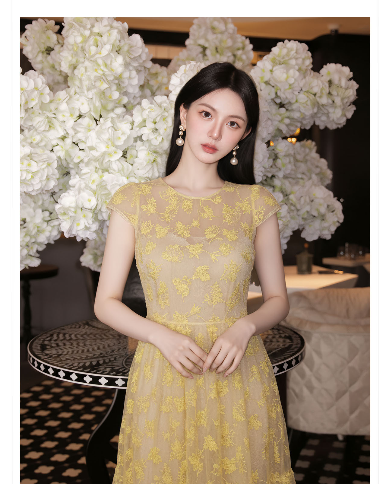 Đầm maxi nữ thêu ren hoa cổ điển tay ngắn thắt eo — màu sắc chi tiết 2