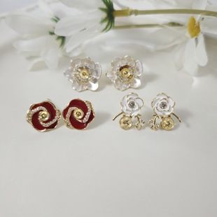 DIY Korean Style Korean Style Oil Dropping Flower Pearl Ear Stud Earrings Women's Light Luxury Elegant Niche Sweet Fresh High-end Sense