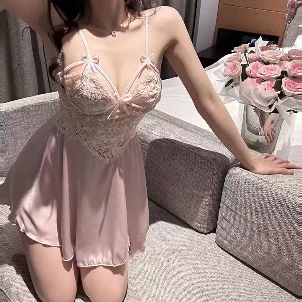 Pink Lace-Trim Babydoll Nightgown with Suspenders, Backless Plus Size Slip Dress — detail image 2