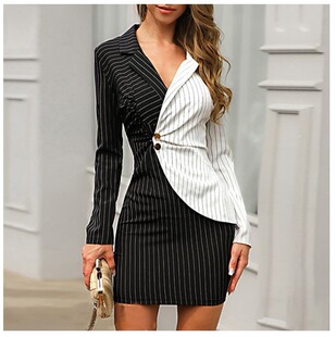 European and American hip slim-fit professional suit dress women's 2022 striped contrast color Amazon explosions wish mid-length dress