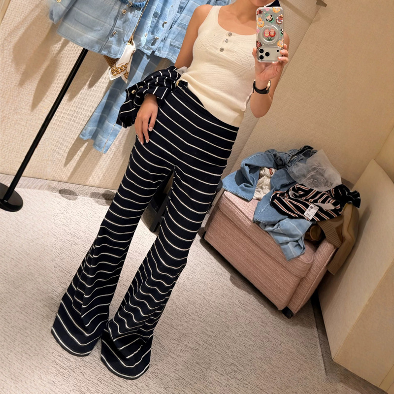 26 Years of New Spring and Summer Styles, Dark Blue Striped Knit Slim-Fit Long Wide-Leg Pants with Silk Lining 91066-1