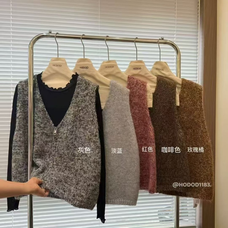 花纱韩系V领拉链针织马甲开衫女2025秋季新款宽松显瘦毛衣背心女|undefined