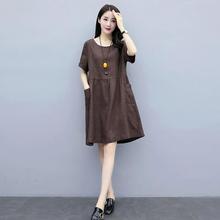棉麻连衣裙女夏2024年新款短袖中老年妈妈装大码宽松显瘦遮肚裙子