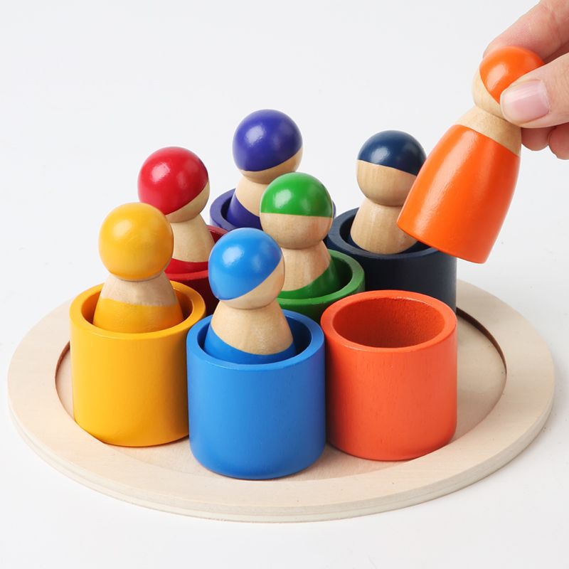 Wooden Rainbow Little People Children's Early Education Characters Color Recognition Creative Assembled Doll Toy