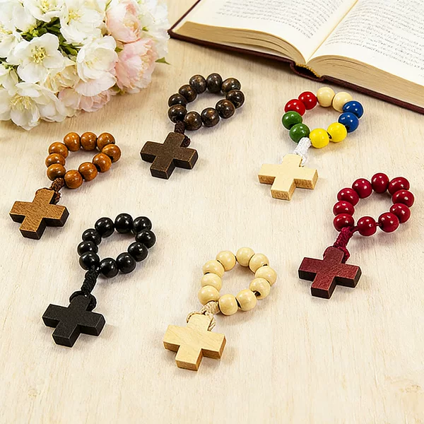 8mm Olive Wood Rosary Ring with Round Beads, Rosary Ring, Olive Wood Cross Ring