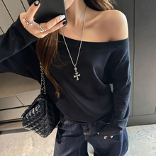 秋冬季莫代尔斜肩宽松长袖t恤女辣妹简约内搭打底高级感显瘦上衣