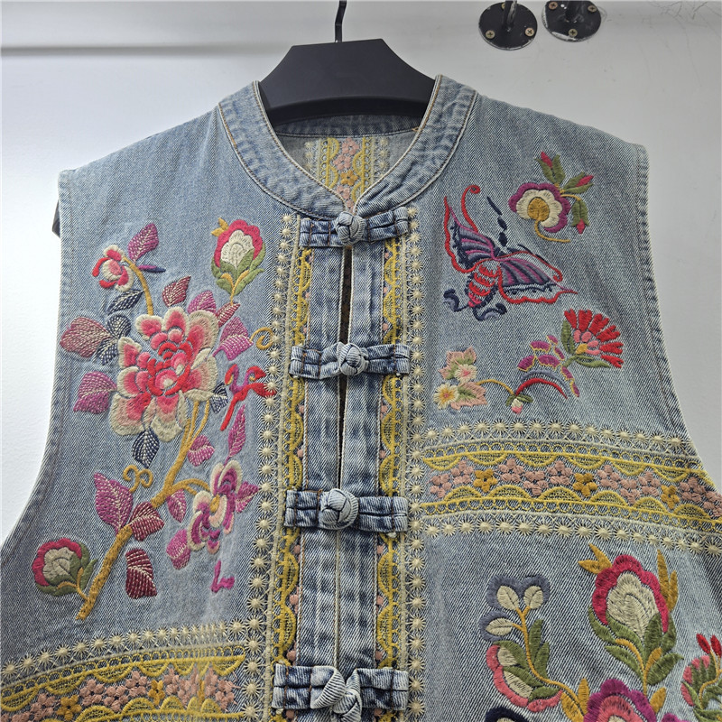 Retro bordado chaleco de vaqueros de flores de primavera y verano de mujeres nuevo chaleco suelto 2026 nuevo chaqueta de hombro de estilo chino de moda