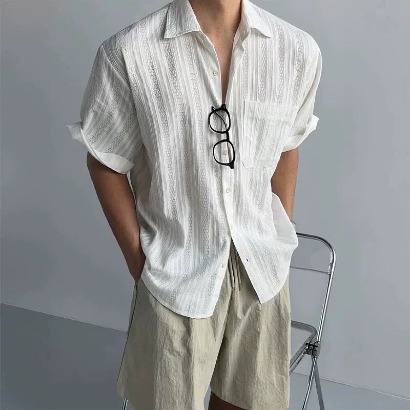 Japanese Retro Hollow Mesh Short-Sleeved Shirt for Men, Summer Lightweight Cardigan Shirt, High-End Casual Jacket